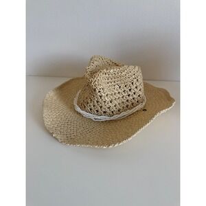 Woven Straw Cowboy Hat with White Seed Bead Band Tan Boho Beach Sun Hat